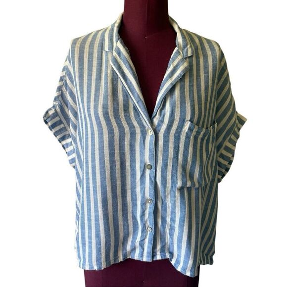Evereve Libby Stripe Resort Linen Blend Shirt Top size XS Striped White Blue - Picture 2 of 7